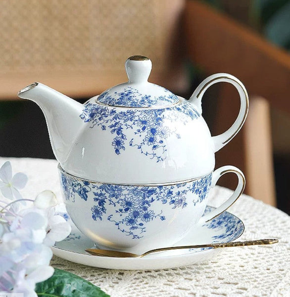 British Style Porcelain Teapot with Matching Cup and Saucer in Gift Box, Ceramic Tea Pot with Integrated Cup, Stackable Teapot and Cup Set, Mother-and-Baby Teapot with Matching Saucer-HomePaintingDecor