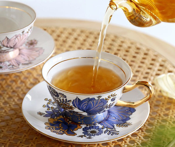 Afternoon British Tea Cups, Unique Iris Flower Tea Cups and Saucers in Gift Box, Elegant Ceramic Coffee Cups, Royal Bone China Porcelain Tea Cup Set-HomePaintingDecor