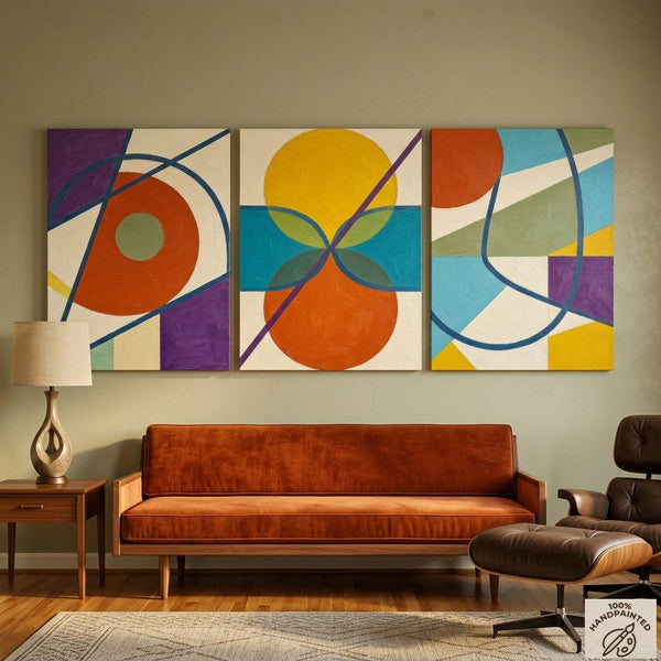 Abstract Paintings for Mid Century Modern Living Room, Multi Panel Canvas Art, Geometric Pattern Contemporary Artwork-HomePaintingDecor