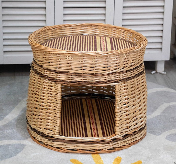 Large Double-Layer Cat Bed, Wicker Cat House Basket with Washable Cushion for Indoor Cats and Dogs-HomePaintingDecor