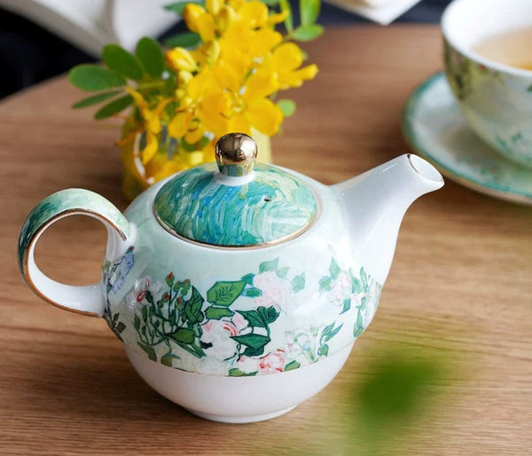 Vintage Style Stackable Tea Pot Set, English Style Tea Pot and Cup Set, Ceramic Tea Pot with Integrated Cup, Mother-and-Baby Teapot with Matching Saucer-HomePaintingDecor