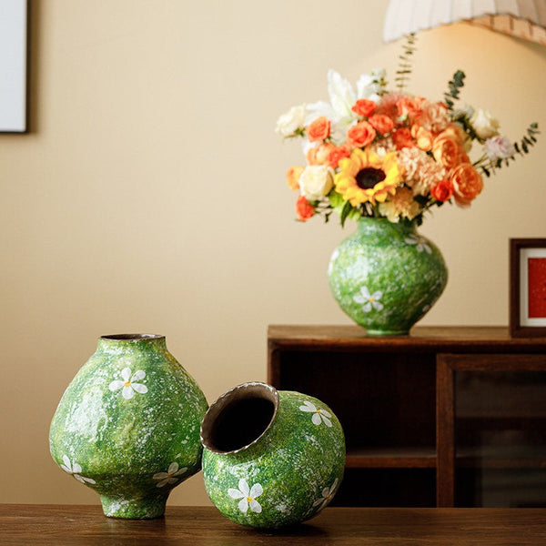 Modern Pottery Flower Vases, Centerpiece on Dining Table, Handmade Water Holding Flower Vases, Pottery Bud Vases, Large Green Flower Vases on Table-HomePaintingDecor