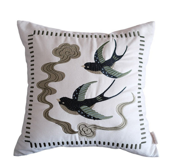 Luxury Decorative Pillows for Couch, Modern Throw Pillows for Couch, Vintage Decorative Pillows, Embroidered Swallow Birds Cushion, Decorative Pillow Arrangement Ideas for Bed-HomePaintingDecor