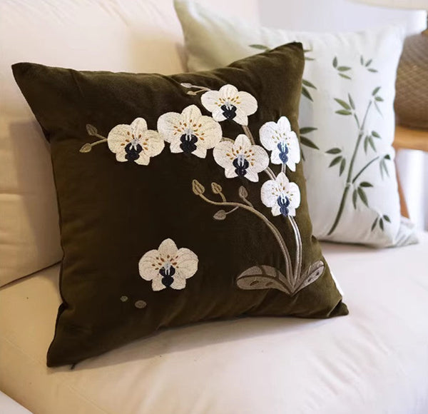 Large Decorative Pillows for Couch, Dark Olive Green Embroidered Moth Orchid Cushion, Decorative Pillow Arrangement Ideas for Couch, Living Room Decorative Pillows, Modern Throw Pillows for Bedroom-HomePaintingDecor