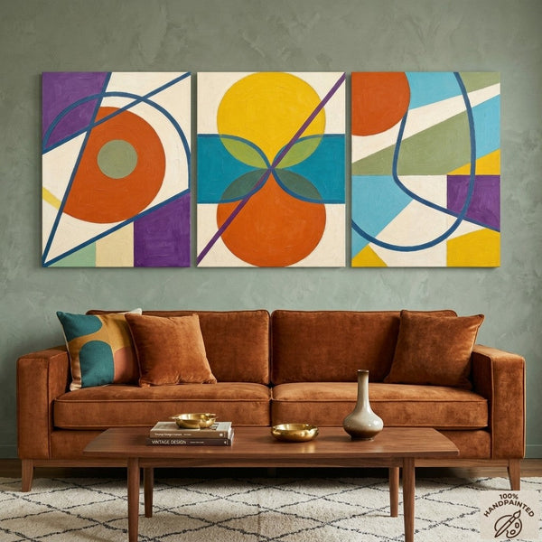 Abstract Paintings for Mid Century Modern Living Room, Multi Panel Canvas Art, Geometric Pattern Contemporary Artwork-HomePaintingDecor