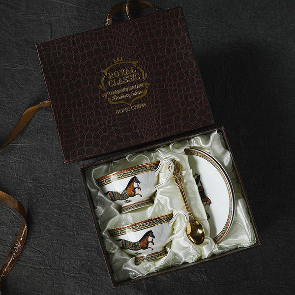 Elegant British Horse Pattern Coffee Cup with Saucer, Ceramic Tea Cup and Saucer in Gift Box, Porcelain Tea Cup and Saucer Set-HomePaintingDecor