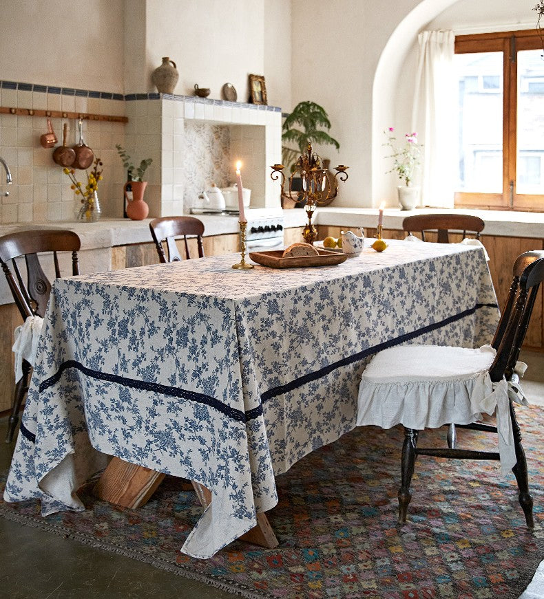Extra Large Vintage Rectangle Tablecloth for Dining Room Table, Rustic Farmhouse Table Cover for Kitchen, French Flower Pattern Tablecloth for Round Table-HomePaintingDecor