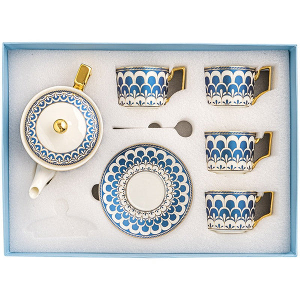 Porcelain Tea Cup and Saucer Set of 4 cups, Blue Tea Cup and Saucer Set with Teapot in Gift Box, 7.4 oz Modern Ceramic Coffee Cups for Office-HomePaintingDecor