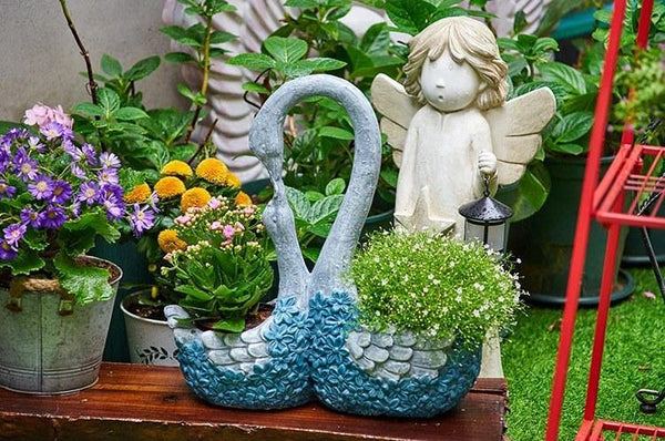 Large Mother and Baby Swans for Garden, Swan Flowerpot, Animal Statue for Garden Courtyard Ornament, Villa Outdoor Decor Gardening Ideas-HomePaintingDecor