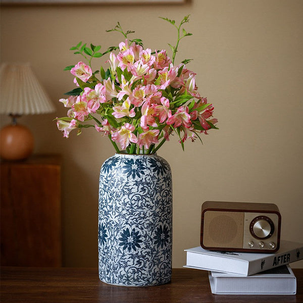 Centerpiece on Dining Table, Large Blue Flower Vase on Table, Vintage Bouquet Flower Vases, Handmade Porcelain Flower Vases Urn, Water Holding Flower Vases-HomePaintingDecor