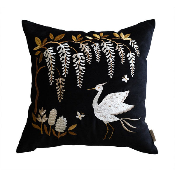 Decorative Pillow Arrangement Ideas for Bed, Embroidered Egret Cushion, Vintage Decorative Pillows, Luxury Decorative Pillows for Couch, Modern Throw Pillows for Couch-HomePaintingDecor