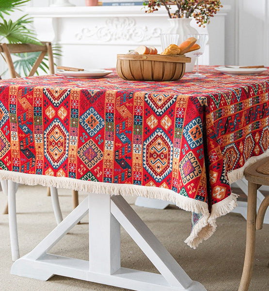 Oriental Red Rectangular Table Covers for Coffee Table, Bohemian Rectangular Tablecloth for Oval Table, Large Modern Linen Tablecloths-HomePaintingDecor