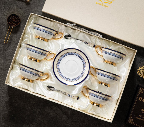Blue Porcelain Tea Cup Saucer Set, Elegant British Ceramic Coffee Cups, Unique British Tea Cup and Saucer in Gift Box-HomePaintingDecor