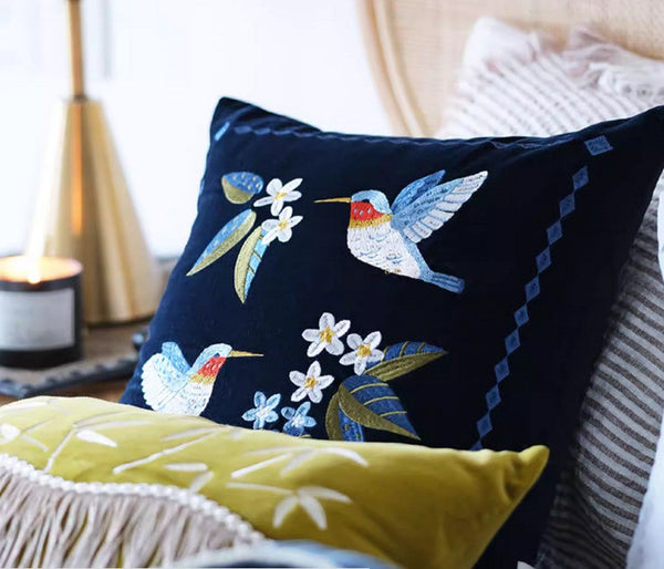 Large Modern Throw Pillows, Decorative Pillow Arrangement Ideas for Couch, Vintage Decorative Pillows, Embroidered Birds Cushion, Decorative Pillows for Couch-HomePaintingDecor
