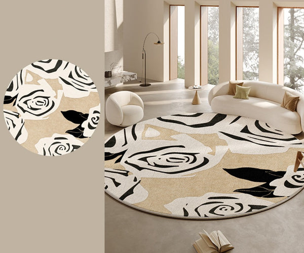 Abstract Contemporary Rugs for Bedroom, Modern Round Rugs under Coffee Table, Circular Rugs for Dining Table, Modern Cream Color Rugs for Living Room-HomePaintingDecor