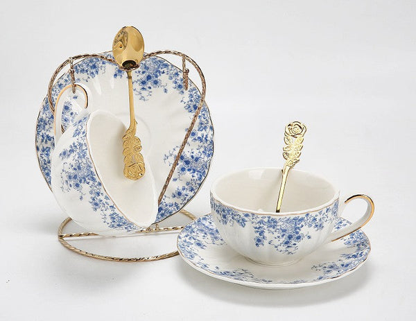 Blue Porcelain Tea Cup Saucer Set, British Royal Ceramic Cups for Traditional Afternoon Tea, Unique Blue Tea Cup and Saucer in Gift Box, Elegant Ceramic Coffee Cups-HomePaintingDecor