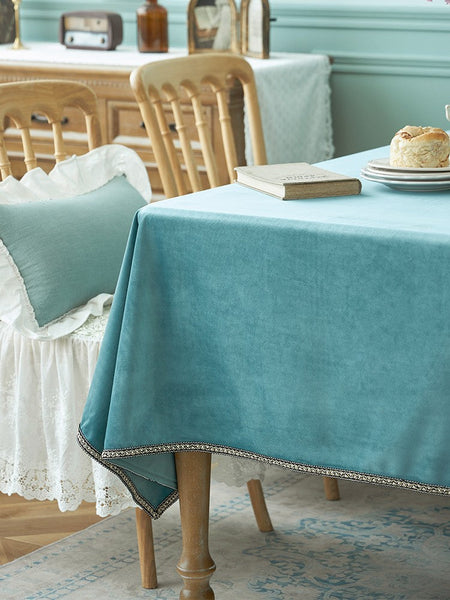 Ramie Velvet Rectangle Tablecloth for Home Decoration, Blue Square Tablecloth for Round Table, Modern Blue Table Cloth for Dining Room Table-HomePaintingDecor