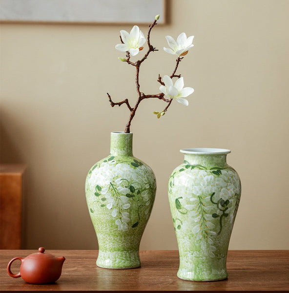 Large Flower Vases on Table, Green Porcelain Flower Vases, Centerpiece Ceramic Bud Vases, Handmade Water Holding Flower Vase-HomePaintingDecor