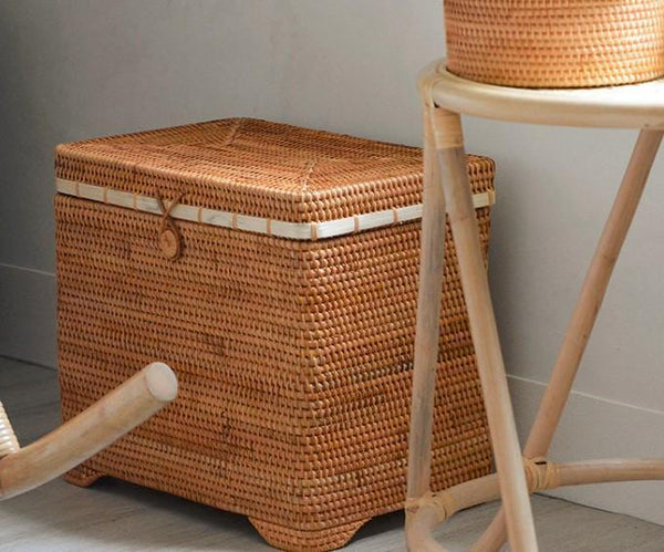 Oversized Storage Baskets for Bedroom, Rectangular Woven Storage Baskets for Clothes, Large Rectangular Storage Basket with Lid, Rattan Storage Case-HomePaintingDecor