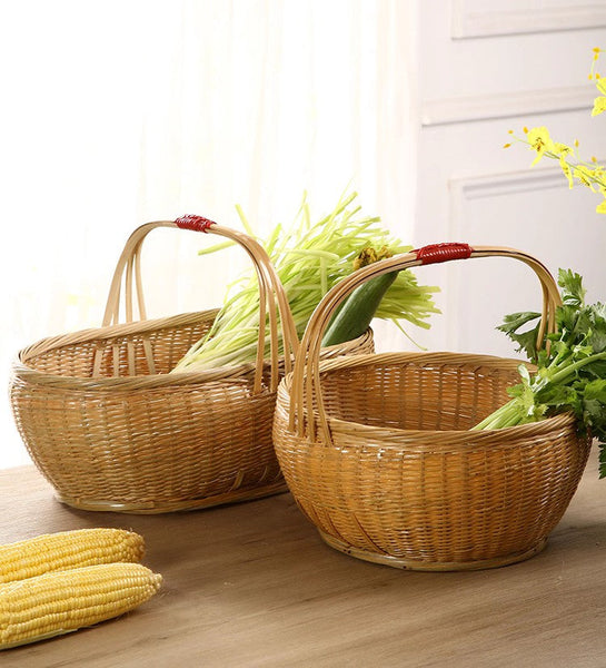 Extra Large Picnic Food Basket with Handle, Lovely Bamboo Baskets for Vegetable, Natural Hand-woven Bamboo Basket, Natural Fruit Basket Kitchen Storage Baskets-HomePaintingDecor