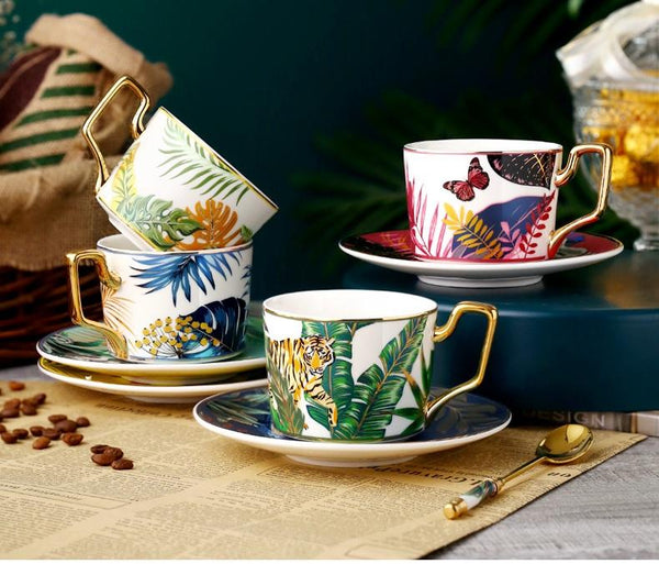Elegant Porcelain Coffee Cups, Coffee Cups with Gold Trim and Gift Box, Tea Cups and Saucers, Jungle Animal Porcelain Coffee Cups-HomePaintingDecor