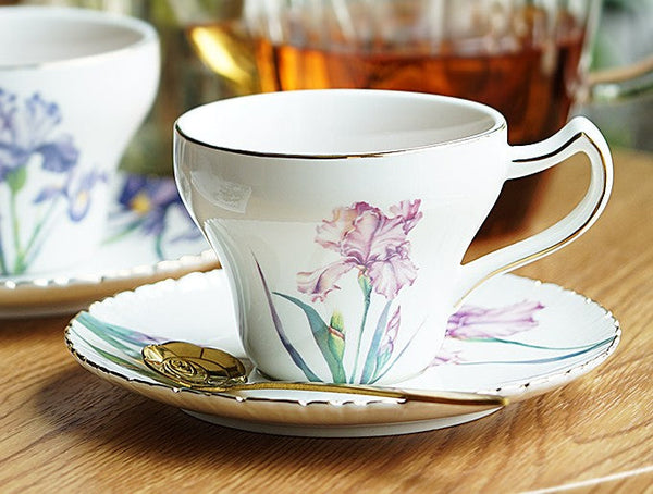 Iris Flower British Tea Cups, Beautiful Porcelain Tea Cup Saucer Set, Traditional English Tea Cup and Saucer, Unique Ceramic Coffee Cups in Gift Box-HomePaintingDecor