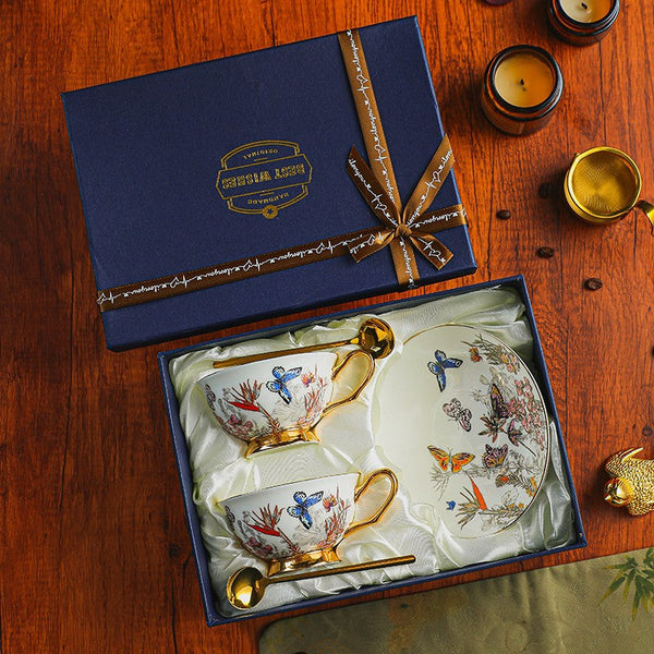 Ceramic Coffee Cups in Gift Box, Butterfly Pattern Porcelain Tea Cup and Saucer Set, British Afternoon Tea Cup and Saucer Set-HomePaintingDecor
