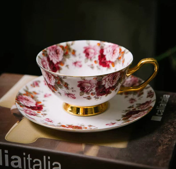Unique Royal Coffee Cup and Saucer, Elegant Flower Ceramic Cups, Creative Bone China Porcelain Tea Cup Set, Beautiful British Tea Cups-HomePaintingDecor