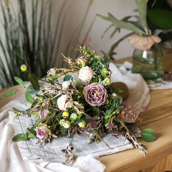 Eucalyptus leaves, Rose, Ranunculus Asiaticus Flowers, Beautiful Modern Flower Arrangement for Living Room, Ctreative Artificial Floral for Home Decoration-HomePaintingDecor