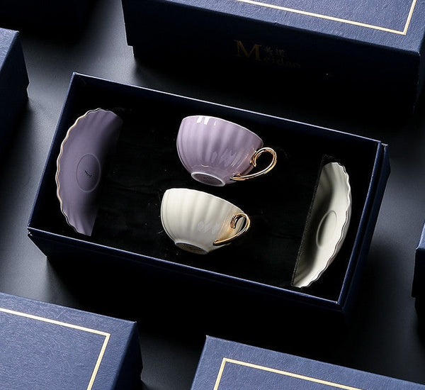 Handmade Beautiful British Tea Cups, Creative Porcelain Tea Cup Saucer Set of 2 Cups, Elegant Macaroon Ceramic Coffee Cups, 6.8 oz Tea Cup and Saucer in Gift Box as Birthday Gift-HomePaintingDecor