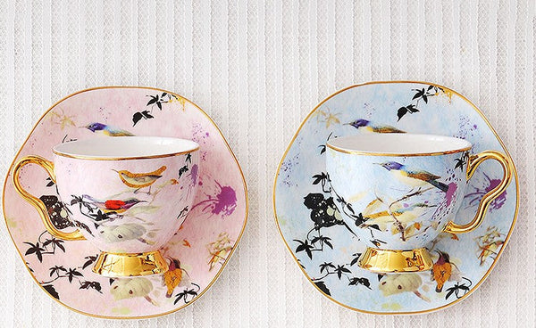 Unique Bird Flower Tea Cup and Saucer in Gift Box as Birthday Gift, Elegant Ceramic Coffee Cups, Afternoon British Tea Cups, Royal Porcelain Tea Cup Set-HomePaintingDecor