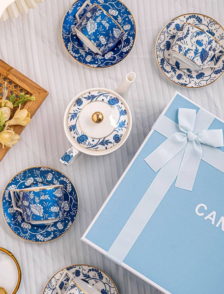 Ceramic Coffee Cup with Saucer in Gift Box, Blue Porcelain Tea Cup and Saucer Set, British Afternoon Tea Cup Set with Teapot-HomePaintingDecor