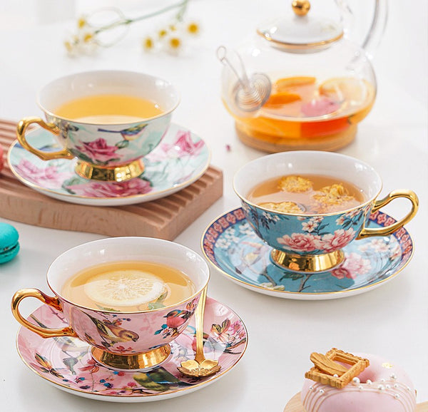 Unique Afternoon Tea Cups and Saucers in Gift Box, Royal Bone China Porcelain Tea Cup Set, Elegant Flower Pattern Ceramic Coffee Cups, Beautiful British Tea Cups-HomePaintingDecor