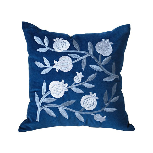 Blue Embroidered Pomegranate Cushion, Large Decorative Pillows for Couch, Living Room Decorative Pillows, Modern Throw Pillows for Bedroom, Decorative Pillow Arrangement Ideas for Couch-HomePaintingDecor