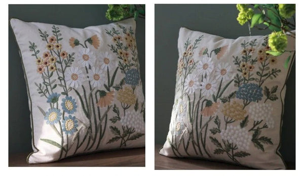 Decorative Pillows for Sofa, Flower Decorative Throw Pillows, Embroider Flower Cotton Pillow Covers, Farmhouse Decorative Throw Pillows-HomePaintingDecor