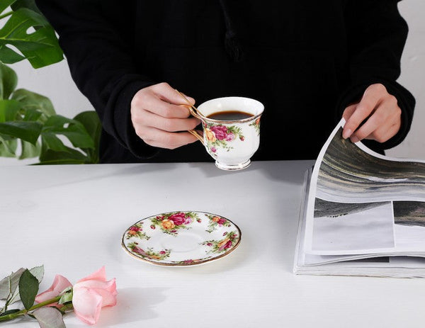 Beautiful British Flower Tea Cups, Unique Porcelain Cup and Saucer, Elegant Ceramic Coffee Cups, Creative Bone China Porcelain Tea Cup Set-HomePaintingDecor