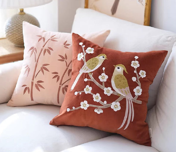 Modern Throw Pillows for Bedroom, Decorative Pillows for Couch, Vintage Decorative Pillows, Embroidered Birds Cushion, Decorative Pillow Arrangement Ideas for Couch-HomePaintingDecor