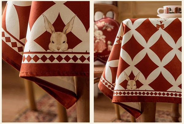 Holiday Red Tablecloth for Dining Table, Rabbit Pattern Table Cover for Dining Room Table, Modern Rectangle Tablecloth for Oval Table-HomePaintingDecor