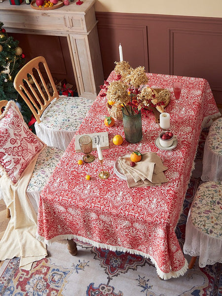 Large Fiberflax Rectangle Tablecloth for Home Decoration, Red Flower Pattern Tablecloth for Holiday Decoration, Square Tablecloth for Round Table-HomePaintingDecor