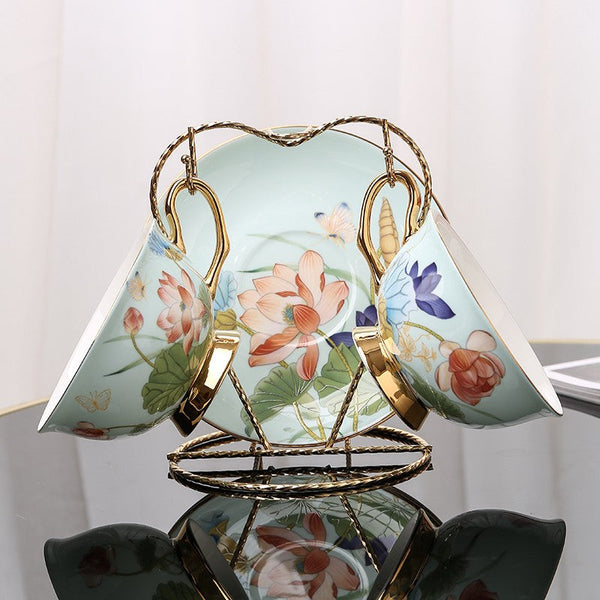 Unique British Tea Cup and Saucer in Gift Box, Lotus Flower Bone China Porcelain Tea Cup Set, Elegant British Ceramic Coffee Cups-HomePaintingDecor