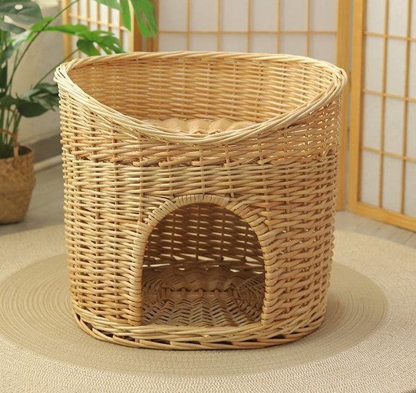 Washable Wicker Cat Bed, Wicker Cat House with Washable Cushion for Indoor Cats and Dogs-HomePaintingDecor