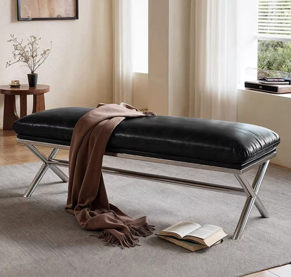 Modern Shoe Changing Ottoman, Mid-Century Hall Bench, Luxury Genuine Leather Entry Bench, Upholstered Shoe Bench, Contemporay Bedroom Bench, Narrow Entryway Bench-HomePaintingDecor