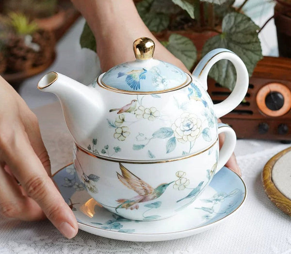 Stackable Teapot and Cup Set, Ceramic Tea Pot with Integrated Cup, Porcelain Teapot with Matching Cup and Saucer in Gift Box, Mother-and-Baby Teapot with Matching Saucer-HomePaintingDecor