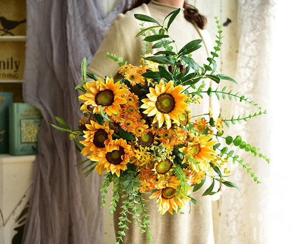 Large Bunch of Yellow Sunflowers, Unique Floral Arrangement for Home Decoration, Table Centerpiece, Real Touch Artificial Flowers for Living Room-HomePaintingDecor