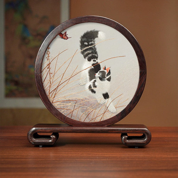 Unique Birthday Gift, Traditional Chinese Suzhou Kitten Embroidery Ornament, Lovely Kitty Cat Embroidered Decor, Premium Souvenir, Exclusive Business Present-HomePaintingDecor