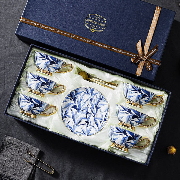 Unique British Tea Cup and Saucer in Gift Box, Blue Porcelain Tea Cup Saucer Set, 7.4 oz British Ceramic Coffee Cups-HomePaintingDecor