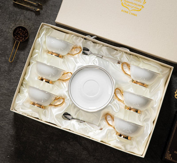 White Ceramic Cups, Elegant British Ceramic Coffee Cups, 7.8 oz Porcelain Tea Cup Saucer Set, Unique Tea Cup and Saucer in Gift Box-HomePaintingDecor