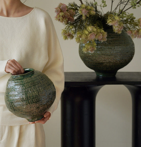 Large Contemporary Vases on Dining Table, Handmade Modern Flower Vase, Centerpiece Ceramic Bouquet Vases, Green Porcelain Vases for Modern Home Decor-HomePaintingDecor