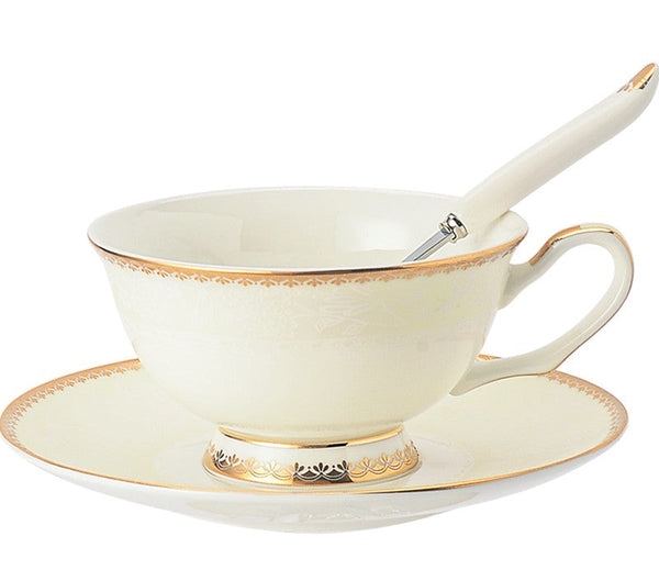Elegant British Ceramic Coffee Cups, 7.8 oz Porcelain Coffee Cup Set, White Ceramic Cups, Unique Tea Cup and Saucer in Gift Box-HomePaintingDecor