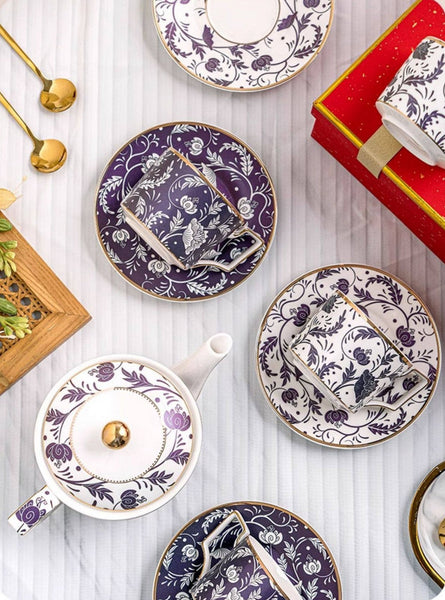 British Traditional Afternoon Tea Cup Set of 4 cups, 8 oz Ceramic Coffee Cup with Saucer in Gift Box, Porcelain Tea Cup and Saucer Set with Teapot-HomePaintingDecor